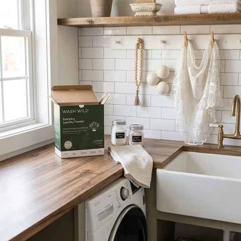 A box of Wash Wild Everyday Laundry Powder sits on a wooden countertop in a bright, modern laundry room with a white subway tile backsplash, farmhouse sink, and hanging lace towels.