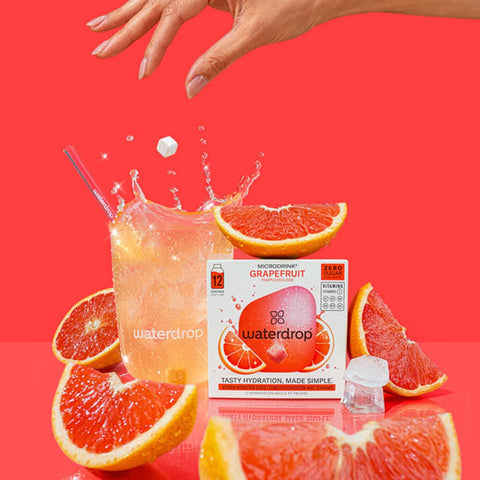 Grapefruit juice with a 'waterdrop' box on a red background.