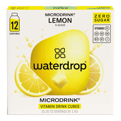 Box of waterdrop Microdrink - Lemon flavoured vitamin drink cubes with lemon graphics on a white background.