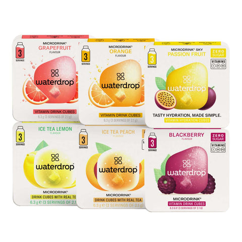 Collection of Waterdrop vitamin drink cube packages in various flavors on a white background.