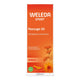 Weleda Arnica Massage Oil 100ml packaging with orange background & floral design.