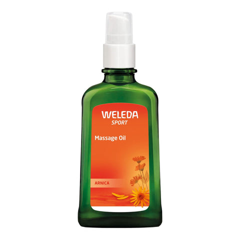 Weleda Arnica Massage Oil 100ml bottle with green body & orange label on a white background.