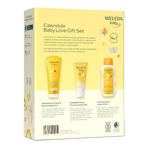 Back of Weleda Calendula Baby Love Gift Set packaging showing items included in the set as well as a blurb about each product.