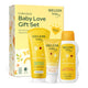 Weleda baby product set including yellow box, shampoo & body wash, nappy change cream, and moisturising body lotion on a white background.