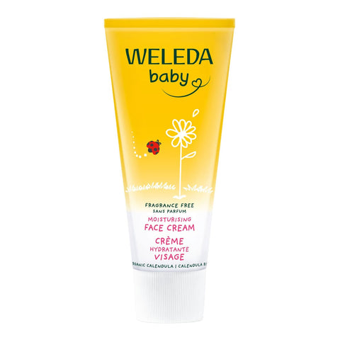 Weleda baby moisturising face cream tube on a white background.