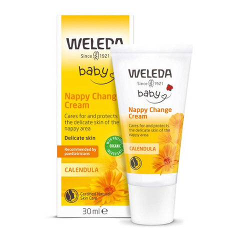 Weleda baby nappy change cream packaging and tube on a white background
