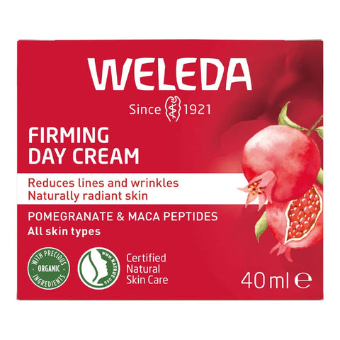 Weleda Firming Day Cream packaging with pomegranate illustration on a red background.