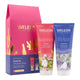 Weleda Shower Duo gift set featuring a pink and blue gift bag, an Aroma Shower Gel tube, and a Relax Shower Cream tube, displayed on a clean white background.