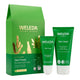 Weleda Natural Science Skin Food Essentials Set featuring a green gift box, a small tube of nourishing lip balm, and a larger tube of rich intensive skin care cream on a white background.