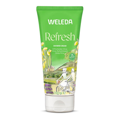 Weleda Refresh Shower Cream Citrus 200ml tube on a white background. Green packaging with illustrated people on riding a bike out in the countryside.