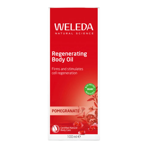 A 100ml bottle of Weleda Regenerating Body Oil in Pomegranate, featuring a red and white box with a small green organic seal.