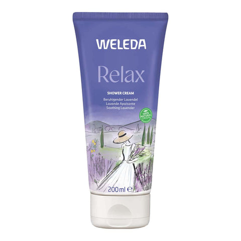 200ml tube of Weleda Relax Shower Cream - Lavender with an illustration of a woman picking lavender in a field.