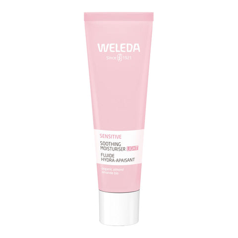 Weleda pink tube of Sensitive Soothing Moisturiser on a white background.