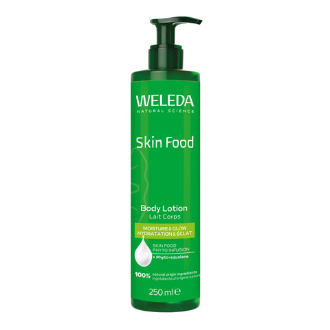 Weleda Skin Food Body Lotion bottle on a white background.