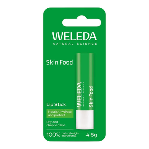Weleda Skin Food Lip Stick 4.8g packaging on a white background.