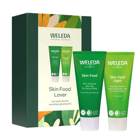 Weleda Skin Food Lover set with 'Skin Food' & 'Skin Food Light' green products.