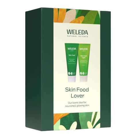 Weleda Skin Food Lover packaging with green and beige design.