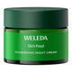 A jar of Weleda Skin Food Nourishing Night Cream, featuring a dark green lid and a bright green label with white text, set against a plain white background.