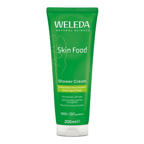 Weleda Skin Food Shower Cream 200ml tube on a white background.