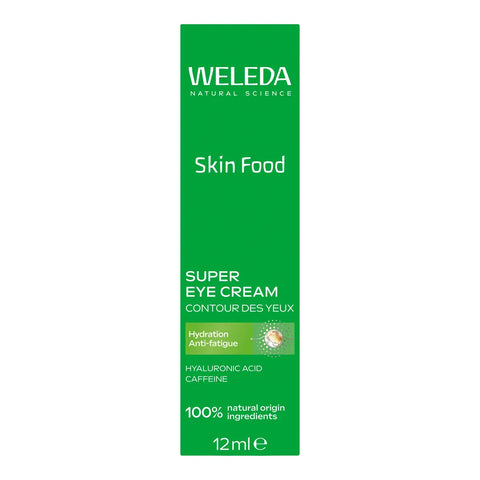 A tall green rectangular box for Weleda Skin Food Super Eye Cream, with white text and a small green-and-white circular graphic on the front, shown on a plain white background.