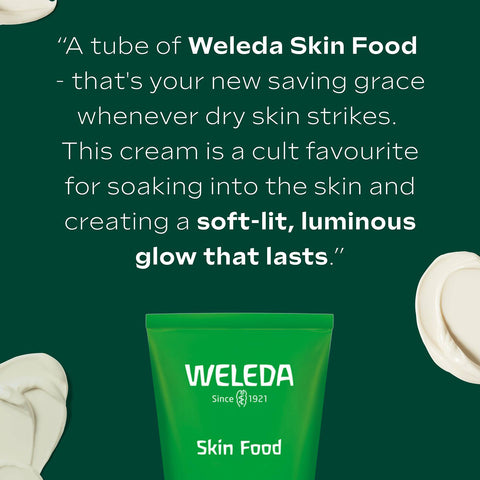 Weleda Skin Food tube with testimonial text on a green background.