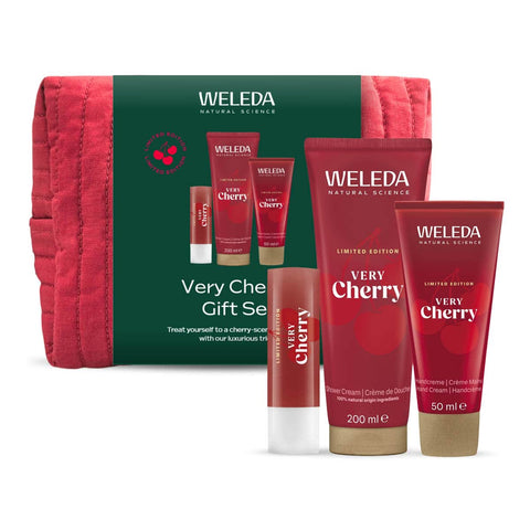 Weleda Very Cherry Gift Set - trio of products in front of the fabric cosmetic case.