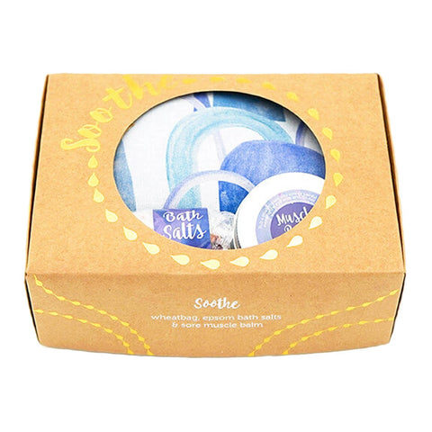 Cardboard box with a cut out window showing the wheatbag, bath salts & muscle rub inside.