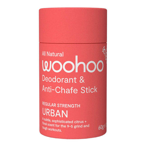 Red deodorant and anti-chafe stick with 'woohoo' branding on a white background