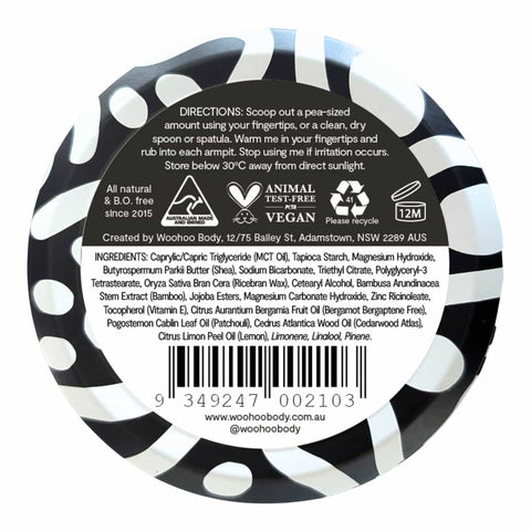 Back of Woohoo Tux deodorant paste with ingredients & usage instructions.