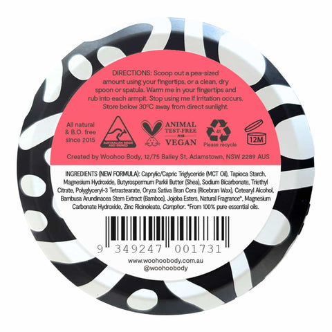 Back of Woohoo All Natural Deodorant Paste Tin - Urban with ingredients & usage instructions.