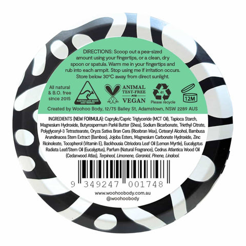 Back of Woohoo All Natural Deodorant Paste Tin - Wild. Ingredients & usage instructions.