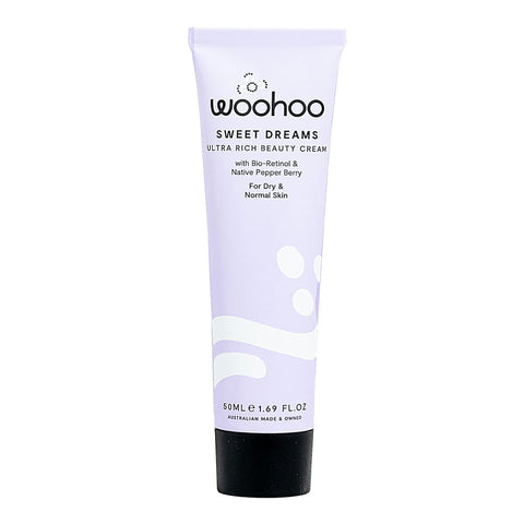 Tube of Woohoo Sweet Dreams Ultra Rich Beauty Cream 50ml on a white background.