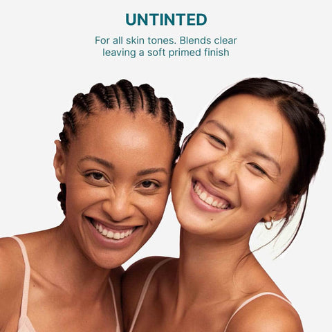 Two women smiling with untinted zinc stick - for all skin tones. Blends clear leaving a soft primed finish.