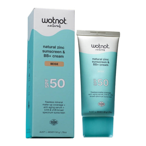 Wotnot natural zinc sunscreen & BB+ cream packaging with SPF 50 on a white background. Beige colour.