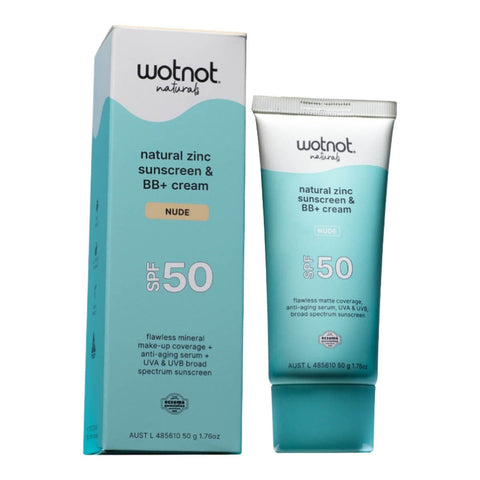 Wotnot natural zinc sunscreen & BB+ cream packaging with SPF 50 on a white background. Nude colour.