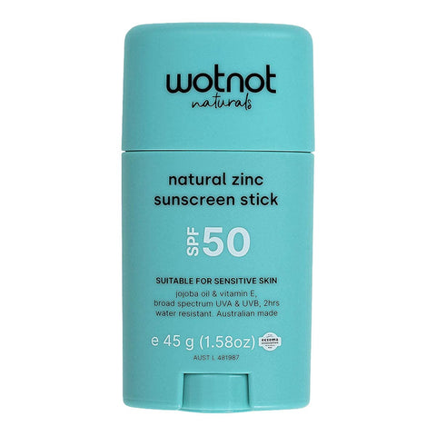 Wotnot natural zinc sunscreen stick SPF 50 on a white background.