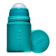 Turquoise roll-on sunscreen with lid off on a white background