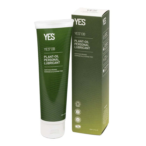 Green tube & box of YES OB Plant-Oil Personal Lubricant 140ml on a white background.