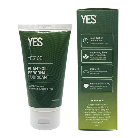 Tube and packaging of YES OB Plant-Oil Personal Lubricant on a white background.