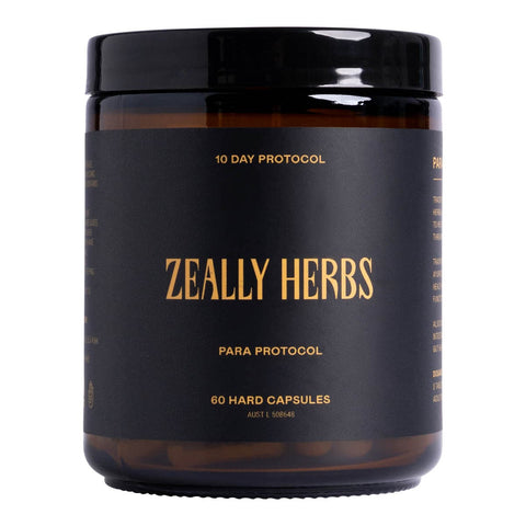Zeally Herbs Para Protocol 60 hard capsules in a glass jar with black and gold label.